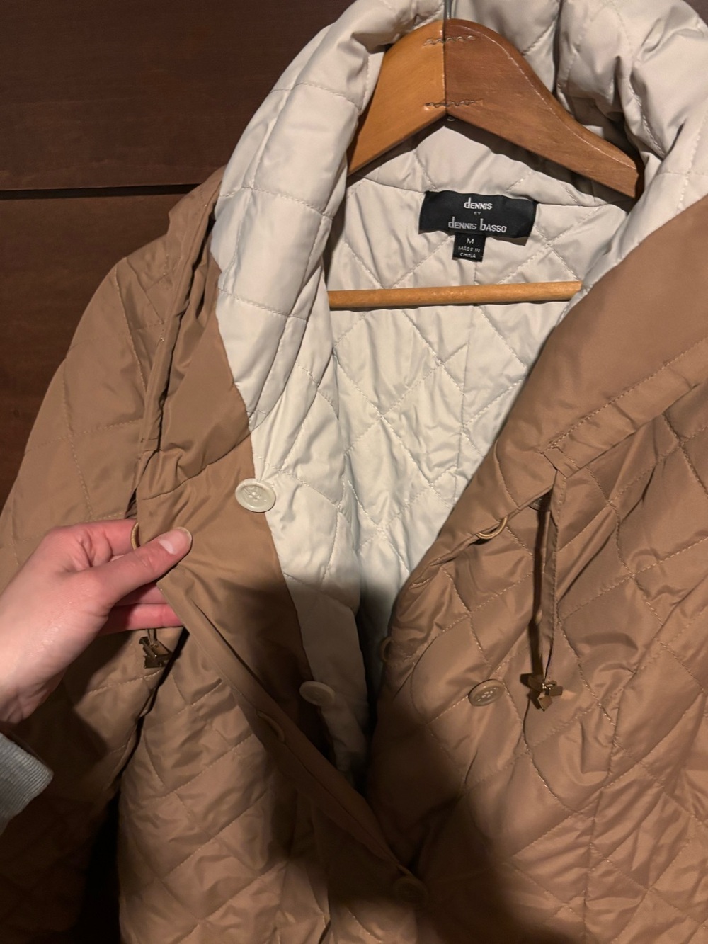 dennis basso Quilted Tan Puffer Coat with Cream Lined Hood - Picture 4 of 4